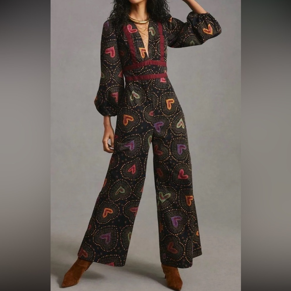 NWT Anthropologie x Farm Rio Deep-V Hearts Print Wide-Leg Jumpsuit Large NWT